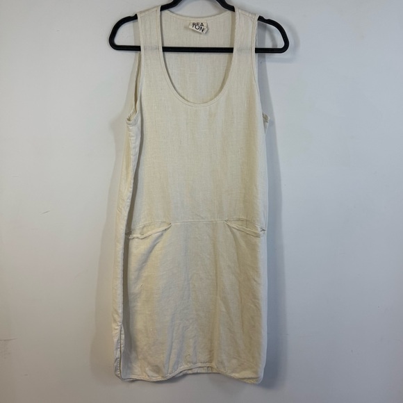 Beaton Linen Shift Sleeveless Minimalist Summer Lagenlook Dress Ivory Size M - Picture 2 of 10